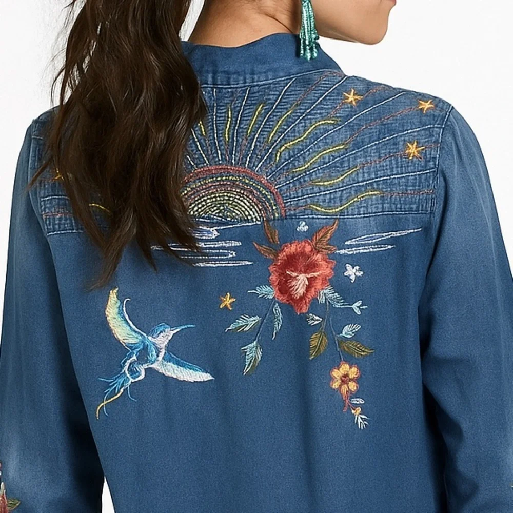 Johnny Was Cara Frayed Westward Denim Shirt NWT RARE - Picture 12 of 15